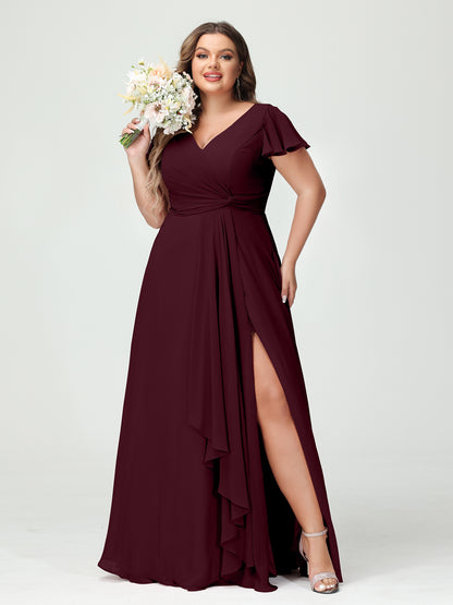 Forme Princesse Col V Manches courtes Mousseline de soie Volants Fendue sur le côté Grande taille Robes de demoiselle d'honneur avec poches