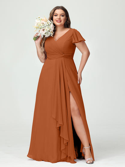 Forme Princesse Col V Manches courtes Mousseline de soie Volants Fendue sur le côté Grande taille Robes de demoiselle d'honneur avec poches