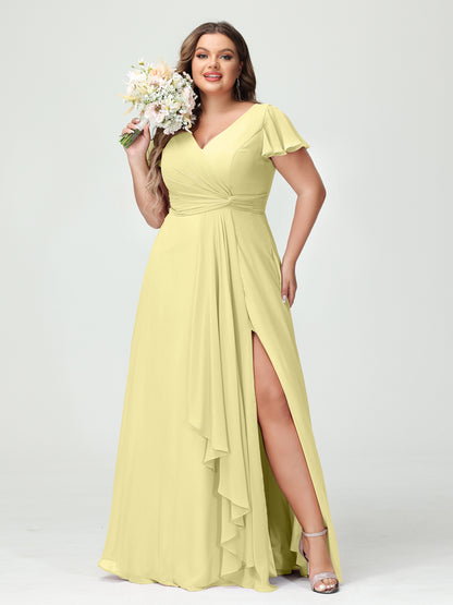 Forme Princesse Col V Manches courtes Mousseline de soie Volants Fendue sur le côté Grande taille Robes de demoiselle d'honneur avec poches