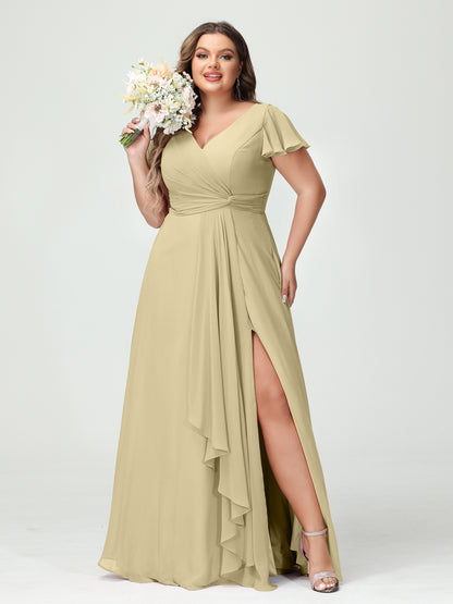 Forme Princesse Col V Manches courtes Mousseline de soie Volants Fendue sur le côté Grande taille Robes de demoiselle d'honneur avec poches