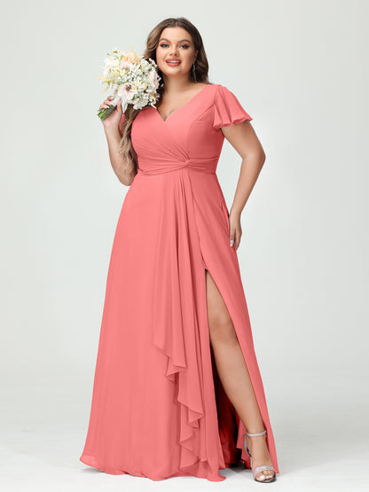 Forme Princesse Col V Manches courtes Mousseline de soie Volants Fendue sur le côté Grande taille Robes de demoiselle d'honneur avec poches