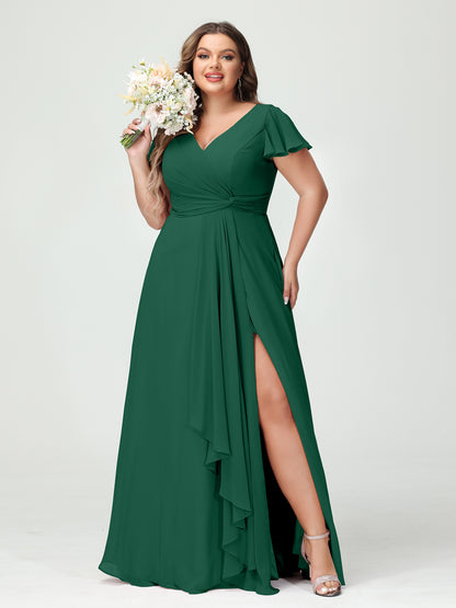 Forme Princesse Col V Manches courtes Mousseline de soie Volants Fendue sur le côté Grande taille Robes de demoiselle d'honneur avec poches