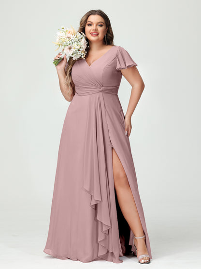 Forme Princesse Col V Manches courtes Mousseline de soie Volants Fendue sur le côté Grande taille Robes de demoiselle d'honneur avec poches
