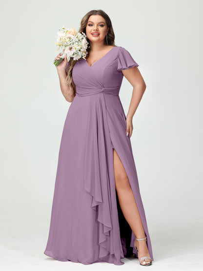 Forme Princesse Col V Manches courtes Mousseline de soie Volants Fendue sur le côté Grande taille Robes de demoiselle d'honneur avec poches