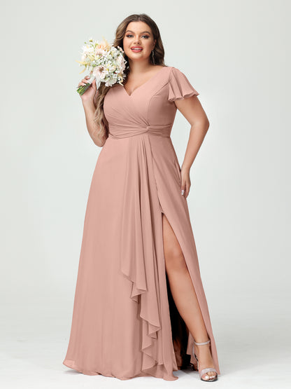 Forme Princesse Col V Manches courtes Mousseline de soie Volants Fendue sur le côté Grande taille Robes de demoiselle d'honneur avec poches
