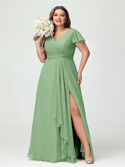 Forme Princesse Col V Manches courtes Mousseline de soie Volants Fendue sur le côté Grande taille Robes de demoiselle d'honneur avec poches