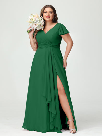 Forme Princesse Col V Manches courtes Mousseline de soie Volants Fendue sur le côté Grande taille Robes de demoiselle d'honneur avec poches