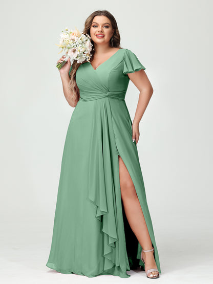 Forme Princesse Col V Manches courtes Mousseline de soie Volants Fendue sur le côté Grande taille Robes de demoiselle d'honneur avec poches