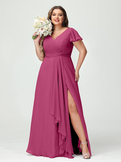 Forme Princesse Col V Manches courtes Mousseline de soie Volants Fendue sur le côté Grande taille Robes de demoiselle d'honneur avec poches