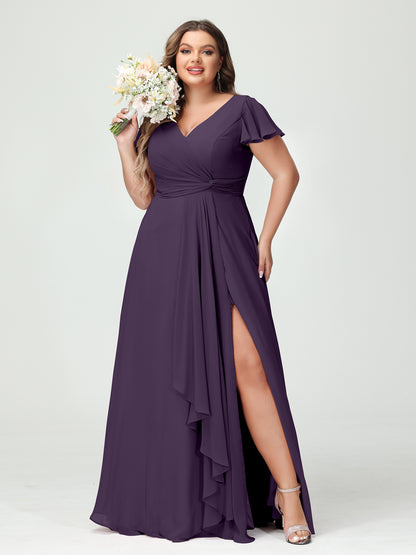 Forme Princesse Col V Manches courtes Mousseline de soie Volants Fendue sur le côté Grande taille Robes de demoiselle d'honneur avec poches