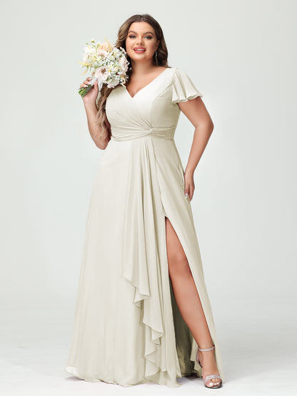 Forme Princesse Col V Manches courtes Mousseline de soie Volants Fendue sur le côté Grande taille Robes de demoiselle d'honneur avec poches