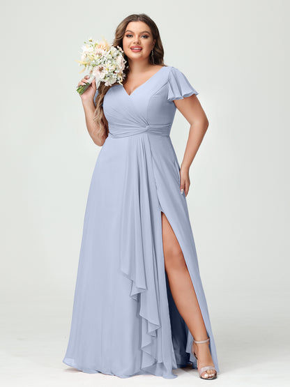 Forme Princesse Col V Manches courtes Mousseline de soie Volants Fendue sur le côté Grande taille Robes de demoiselle d'honneur avec poches