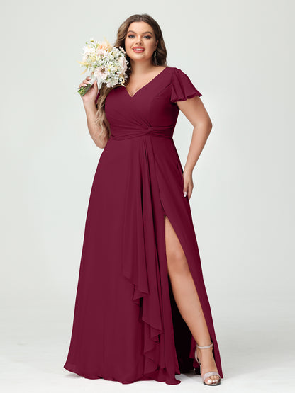 Forme Princesse Col V Manches courtes Mousseline de soie Volants Fendue sur le côté Grande taille Robes de demoiselle d'honneur avec poches