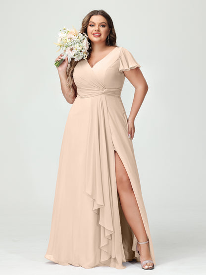 Forme Princesse Col V Manches courtes Mousseline de soie Volants Fendue sur le côté Grande taille Robes de demoiselle d'honneur avec poches