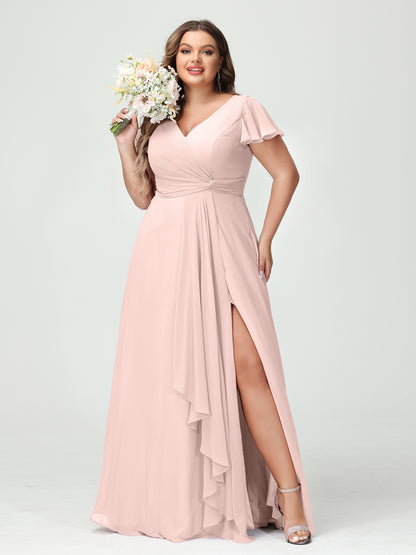 Forme Princesse Col V Manches courtes Mousseline de soie Volants Fendue sur le côté Grande taille Robes de demoiselle d'honneur avec poches
