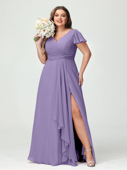 Forme Princesse Col V Manches courtes Mousseline de soie Volants Fendue sur le côté Grande taille Robes de demoiselle d'honneur avec poches