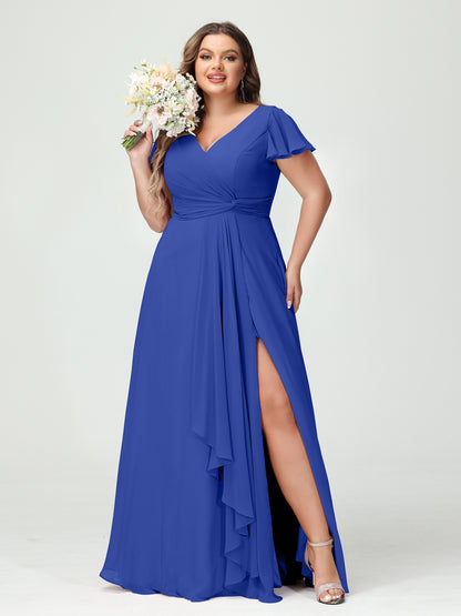 Forme Princesse Col V Manches courtes Mousseline de soie Volants Fendue sur le côté Grande taille Robes de demoiselle d'honneur avec poches