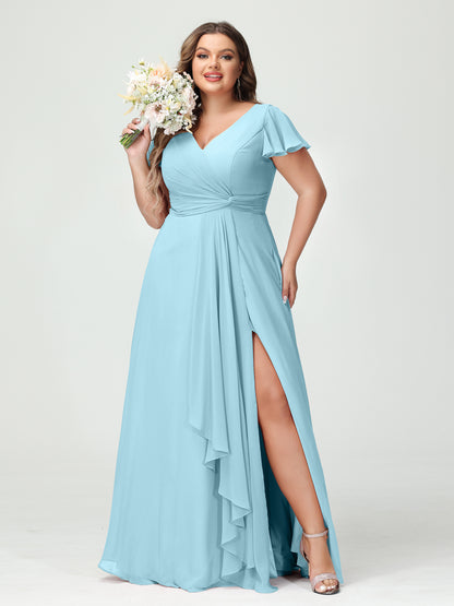 Forme Princesse Col V Manches courtes Mousseline de soie Volants Fendue sur le côté Grande taille Robes de demoiselle d'honneur avec poches