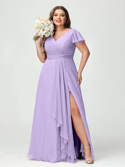 Forme Princesse Col V Manches courtes Mousseline de soie Volants Fendue sur le côté Grande taille Robes de demoiselle d'honneur avec poches
