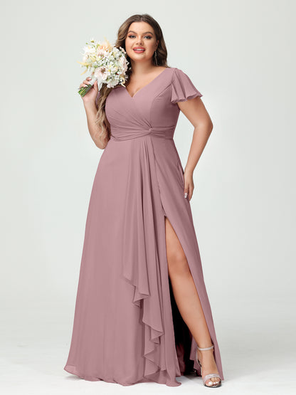 Forme Princesse Col V Manches courtes Mousseline de soie Volants Fendue sur le côté Grande taille Robes de demoiselle d'honneur avec poches