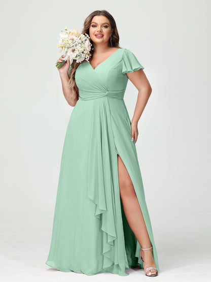 Forme Princesse Col V Manches courtes Mousseline de soie Volants Fendue sur le côté Grande taille Robes de demoiselle d'honneur avec poches