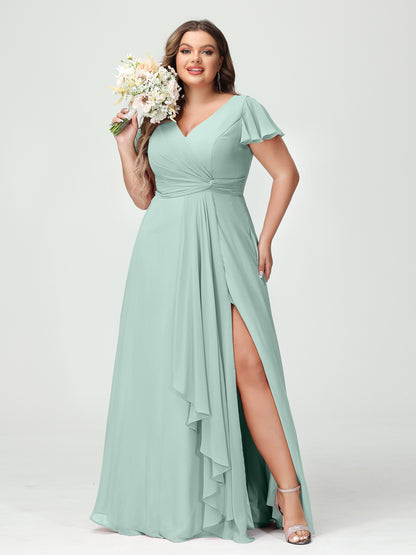 Forme Princesse Col V Manches courtes Mousseline de soie Volants Fendue sur le côté Grande taille Robes de demoiselle d'honneur avec poches