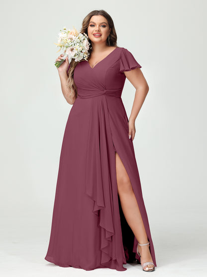 Forme Princesse Col V Manches courtes Mousseline de soie Volants Fendue sur le côté Grande taille Robes de demoiselle d'honneur avec poches