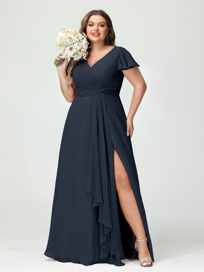 Forme Princesse Col V Manches courtes Mousseline de soie Volants Fendue sur le côté Grande taille Robes de demoiselle d'honneur avec poches