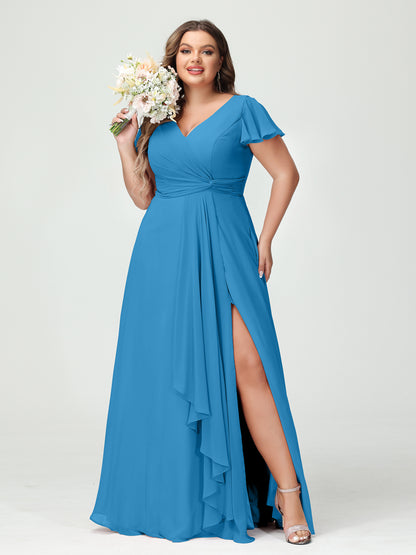 Forme Princesse Col V Manches courtes Mousseline de soie Volants Fendue sur le côté Grande taille Robes de demoiselle d'honneur avec poches