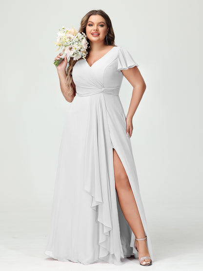 Forme Princesse Col V Manches courtes Mousseline de soie Volants Fendue sur le côté Grande taille Robes de demoiselle d'honneur avec poches