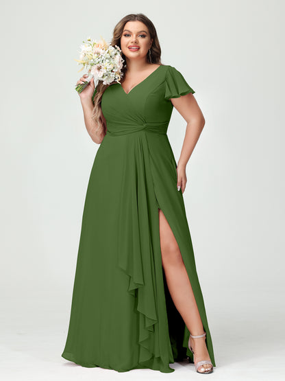Forme Princesse Col V Manches courtes Mousseline de soie Volants Fendue sur le côté Grande taille Robes de demoiselle d'honneur avec poches