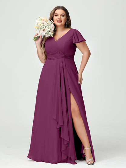 Forme Princesse Col V Manches courtes Mousseline de soie Volants Fendue sur le côté Grande taille Robes de demoiselle d'honneur avec poches
