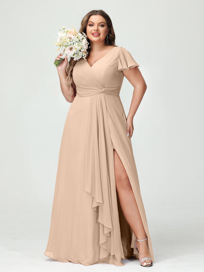 Forme Princesse Col V Manches courtes Mousseline de soie Volants Fendue sur le côté Grande taille Robes de demoiselle d'honneur avec poches