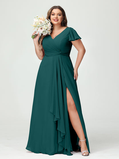 Forme Princesse Col V Manches courtes Mousseline de soie Volants Fendue sur le côté Grande taille Robes de demoiselle d'honneur avec poches