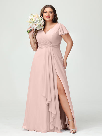 Forme Princesse Col V Manches courtes Mousseline de soie Volants Fendue sur le côté Grande taille Robes de demoiselle d'honneur avec poches