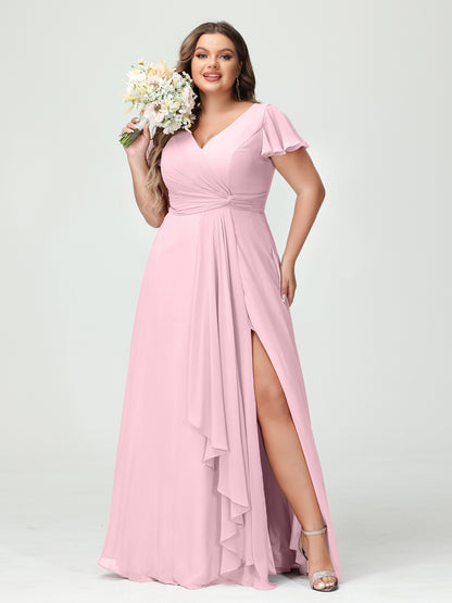 Forme Princesse Col V Manches courtes Mousseline de soie Volants Fendue sur le côté Grande taille Robes de demoiselle d'honneur avec poches