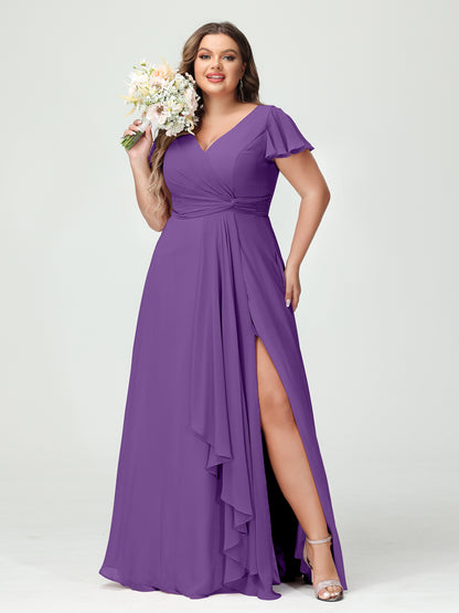 Forme Princesse Col V Manches courtes Mousseline de soie Volants Fendue sur le côté Grande taille Robes de demoiselle d'honneur avec poches