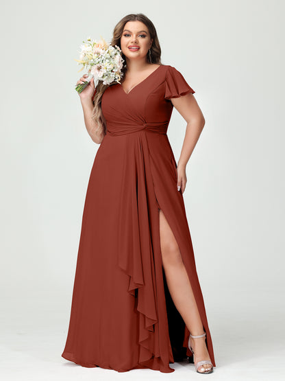 Forme Princesse Col V Manches courtes Mousseline de soie Volants Fendue sur le côté Grande taille Robes de demoiselle d'honneur avec poches