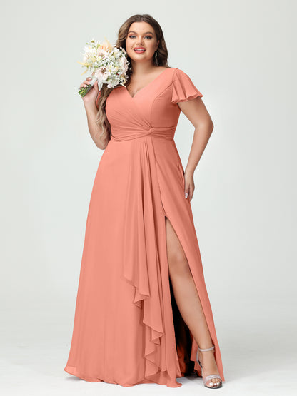 Forme Princesse Col V Manches courtes Mousseline de soie Volants Fendue sur le côté Grande taille Robes de demoiselle d'honneur avec poches