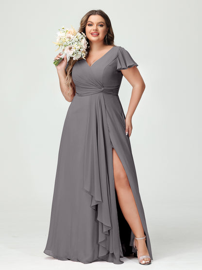 Forme Princesse Col V Manches courtes Mousseline de soie Volants Fendue sur le côté Grande taille Robes de demoiselle d'honneur avec poches