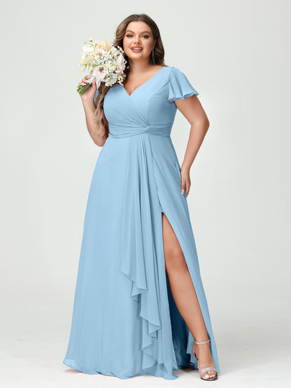 Forme Princesse Col V Manches courtes Mousseline de soie Volants Fendue sur le côté Grande taille Robes de demoiselle d'honneur avec poches