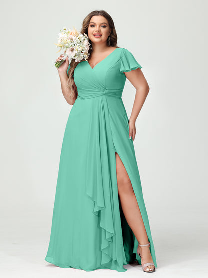 Forme Princesse Col V Manches courtes Mousseline de soie Volants Fendue sur le côté Grande taille Robes de demoiselle d'honneur avec poches