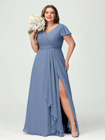 Forme Princesse Col V Manches courtes Mousseline de soie Volants Fendue sur le côté Grande taille Robes de demoiselle d'honneur avec poches