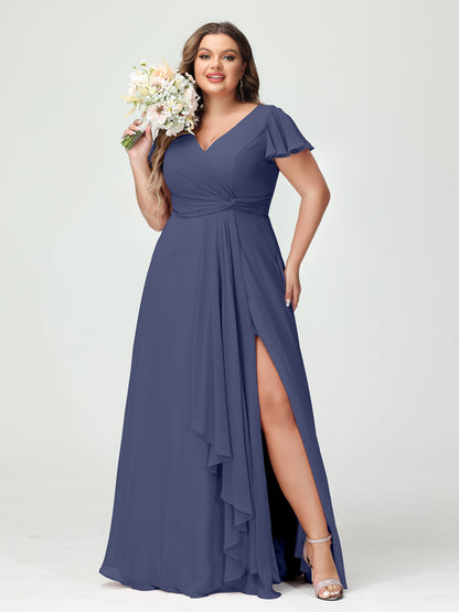Forme Princesse Col V Manches courtes Mousseline de soie Volants Fendue sur le côté Grande taille Robes de demoiselle d'honneur avec poches