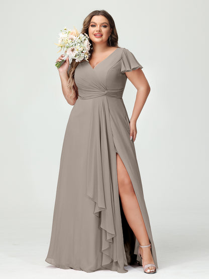 Forme Princesse Col V Manches courtes Mousseline de soie Volants Fendue sur le côté Grande taille Robes de demoiselle d'honneur avec poches