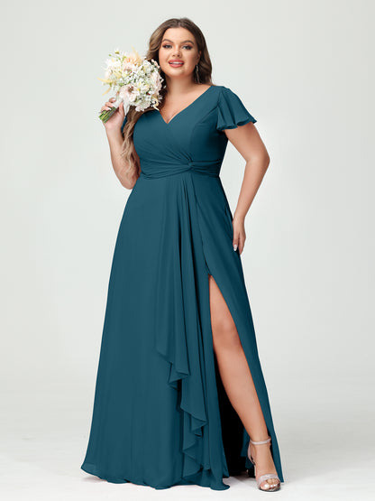 Forme Princesse Col V Manches courtes Mousseline de soie Volants Fendue sur le côté Grande taille Robes de demoiselle d'honneur avec poches