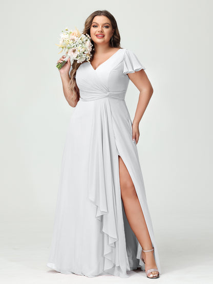 Forme Princesse Col V Manches courtes Mousseline de soie Volants Fendue sur le côté Grande taille Robes de demoiselle d'honneur avec poches