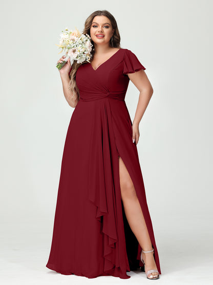 Forme Princesse Col V Manches courtes Mousseline de soie Volants Fendue sur le côté Grande taille Robes de demoiselle d'honneur avec poches