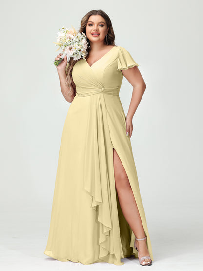Forme Princesse Col V Manches courtes Mousseline de soie Volants Fendue sur le côté Grande taille Robes de demoiselle d'honneur avec poches