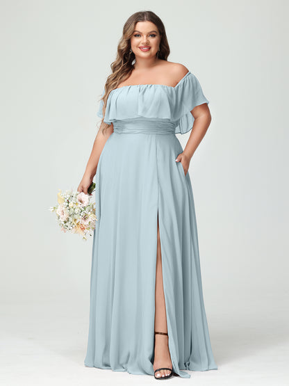Forme Princesse Hors-la-épaule Manches courtes Mousseline de soie Fendue sur le côté Grande taille Robes de demoiselle d'honneur avec poches